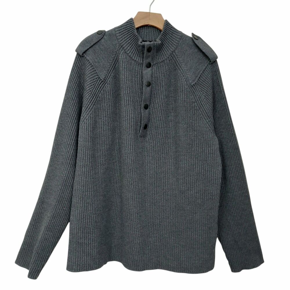 Banana Republic Sweater Men XL Gray Wool Ribbed Pullover Heavyweight Epaulettes